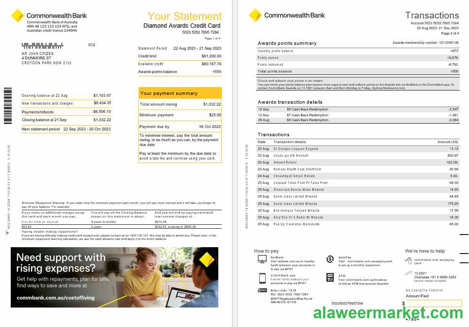 Australia NSW Commonwealth bank Diamond Awards Credit card statement, 4 pages scr1
